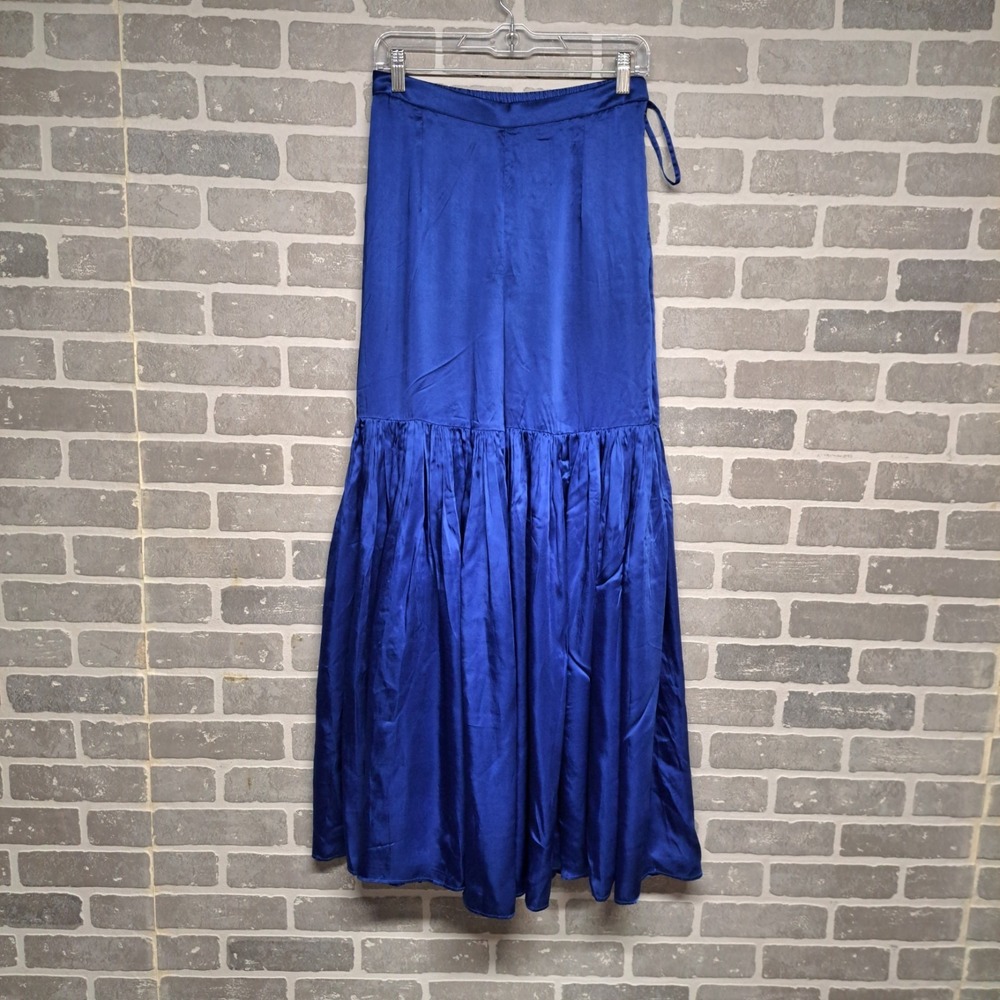 Sani Blue Satin Wide Leg Palazzo Pants Flare Tiered Ruffle Boho Size Medium